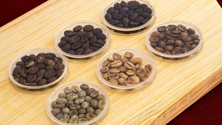 Different stages of coffee roasting beans