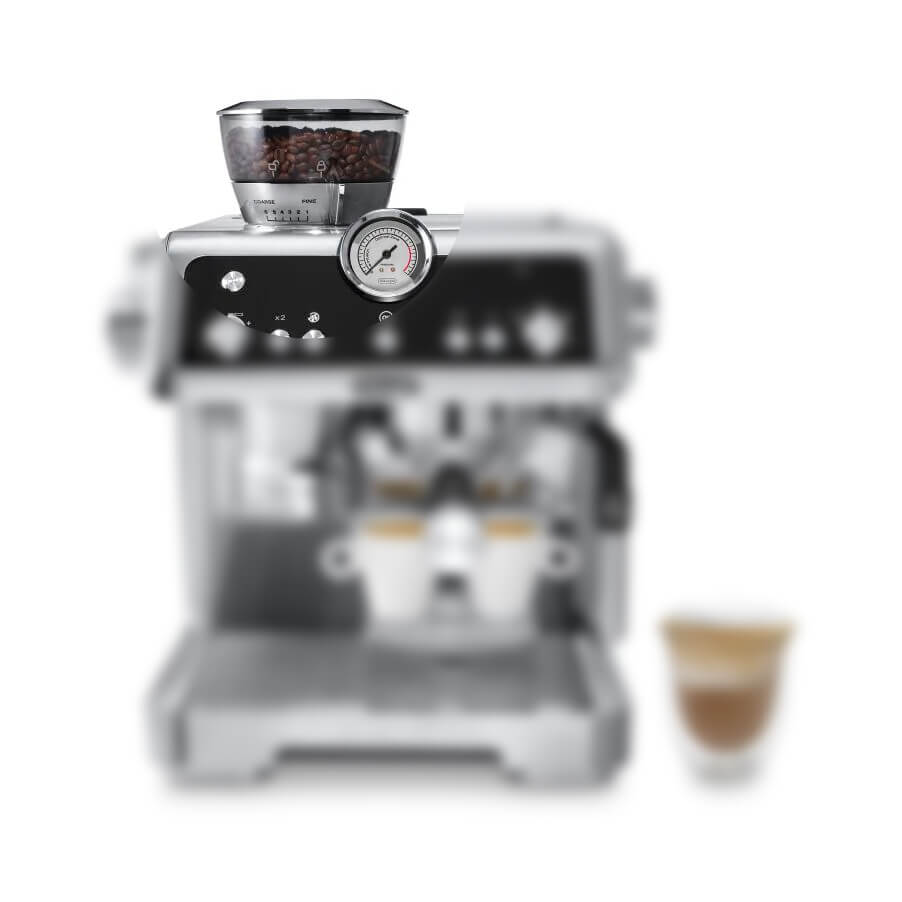 Blurred image of Delonghi la specialist with a focus on built-in coffee grinder