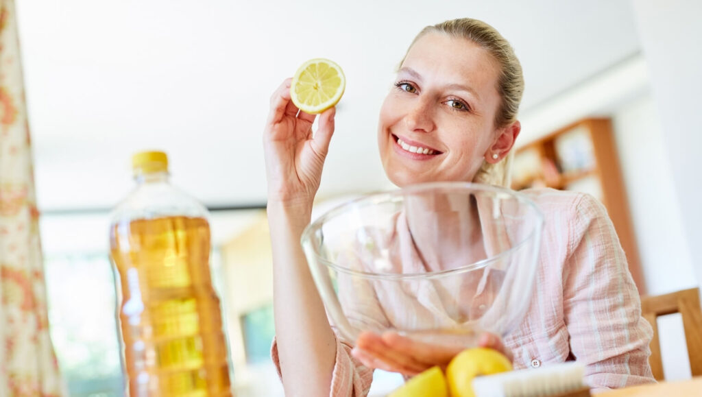 A woman holding half of the lemon and squeezing it into a bowl. If you are wondering how to clean coffee maker without vinegar lemon juice is the best alternative