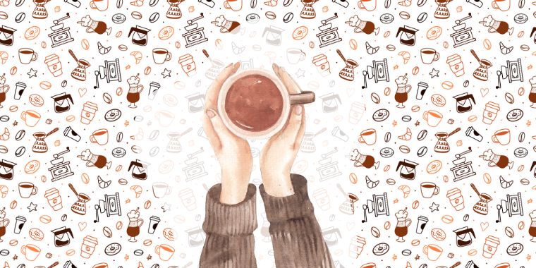 Custom graphic showing hands holding a full espresso cup with a pattern that has different coffee related attributes on it