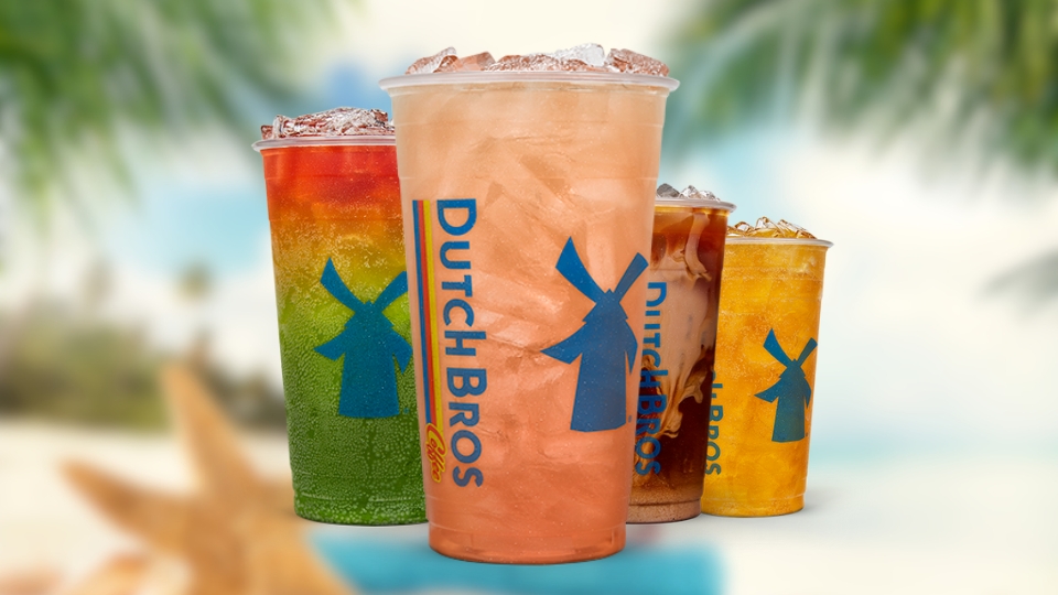 A blurred beach in the background and popular drinks that have low calories at duch bros